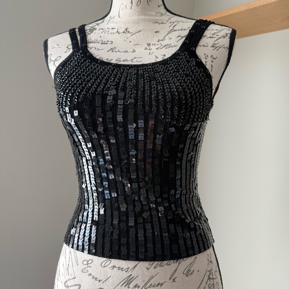 579 Black Sequin Fitted Tank Top - Size XS